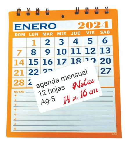 Calendario Chico Organizador Mensual Con Espiral 14 X 16 Cm