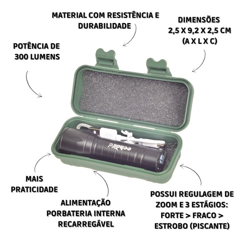 Mini Lanterna Tática Led Recarregavel Usb La0038 Cor da lanterna Preto Cor da luz Branco