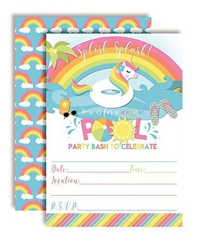 Unicorn Pool Float Rainbow Birthday Party Invitaciones, 20 T