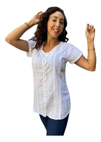 Camisa Blusa Blanca Algodon Batista Hindu Bordada Grande