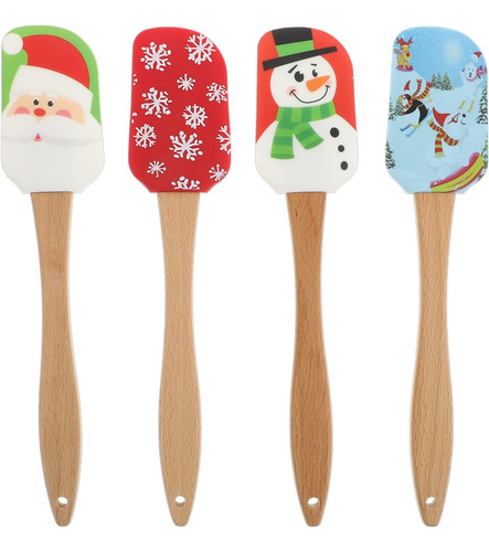Juego De 4 Espátulas Navideñas De Silicona Con Mango Madera