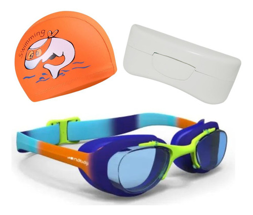 Óculos Estojo Touca Natação Infantil Profissional Lentes Uv Cor Laranja-Azul