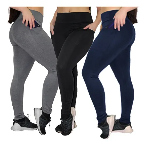 Kit 3 Calças Legging Com Bolso Suplex Feminina Cos Alto