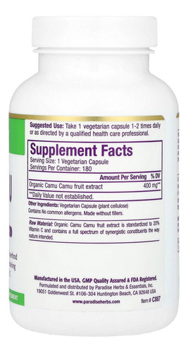 Paradise Herbs, Extracto De Camu Camu Orgánico, 400 Mg, Rico