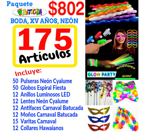 Paquete Batucada Kit Fiesta Neon Boda Xv Años 175 Articulos
