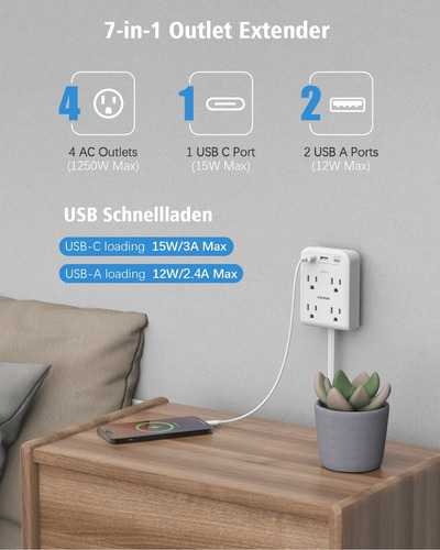 Extensor De Tomacorriente Plano Con 3 Enchufes De Pared Usb