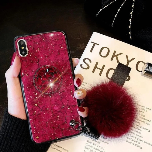 Imagen 5 de 10 de Funda Compatible Con Moto Marmol Pompon Correa Colgante Dama