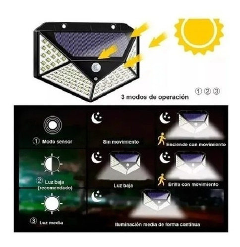 Imagen 7 de 9 de Foco Con Sensor Movimiento Foco Led Solar Exterior 100 Leds