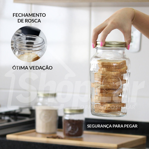 Imagem 3 de 10 de Jogo Kit Pote Vidro Rosca Mantimento Bolacha Cereais 3 Peças