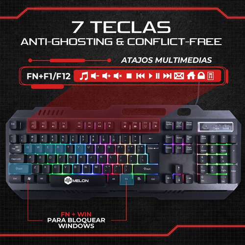 Imagen 6 de 10 de Combo Kit Gamer Melon Gm200 Teclado Rgb Mouse 3200 Dpi