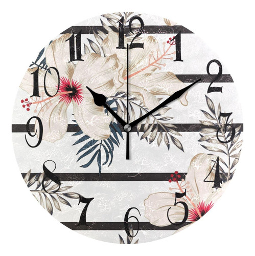 Alaza Reloj De Pared Redondo Con Diseño De Flores De Hibis.