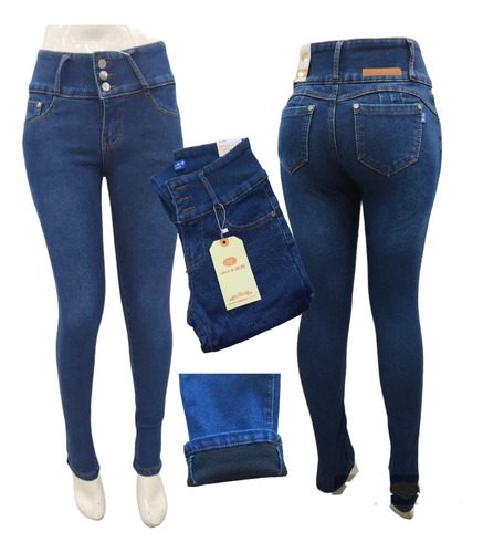 Jeans Con Polar Elasticado Model Pitillo Azul Full Tendencia