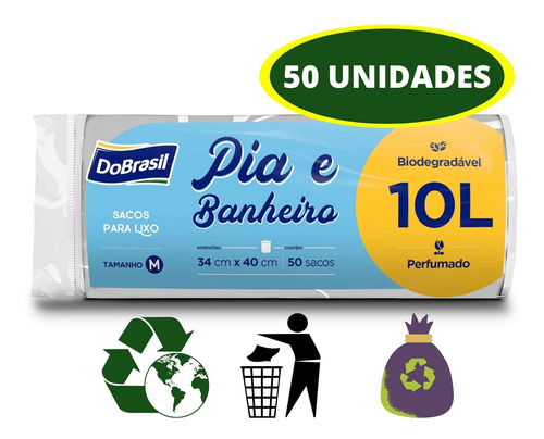 Saco Para Lixo Banheiro E Pia Perfumado 10 Lts 50 Unidades Cor Branco