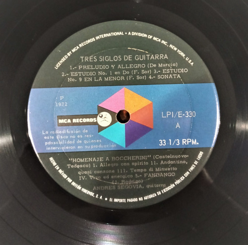 Andres Segovia Lp Tres Siglos De Guitarra (Usado)