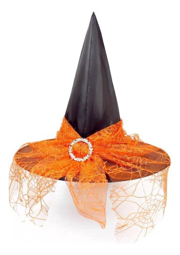 Chapéu De Bruxa Halloween Infantil Luxo C/véu De Renda Tule Cor Laranja