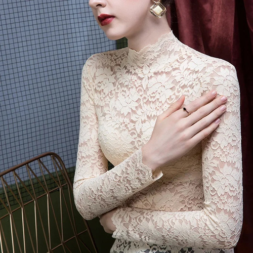 Top De Encaje Con Cuello Alto Y Manga Larga Para Mujer