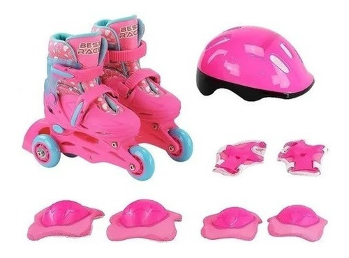 Imagem 1 de 9 de Patins 4 Rodas Roller Rosa Ajustavel 27/30 + Kit De Proteção