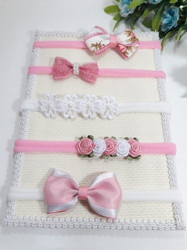 Imagem 4 de 10 de Faixa Cabelo Bebe Em 5 Tiaras Na Meia De Seda Recem Nascidos