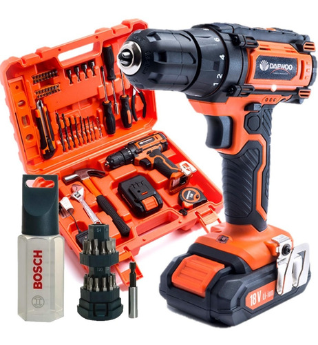 Imagen 1 de 10 de Taladro Atornillador Daewoo Inalambrico 18v Kit Bosch Maleti