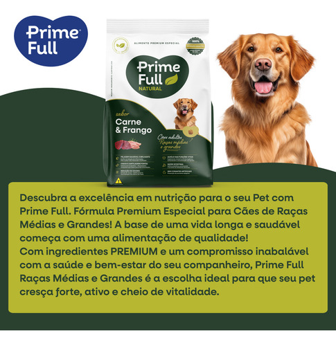 Ração Prime Full Alimento Premium Especial Natural Completo Para Cães Adultos Raças Médias E Grandes 10,1kg