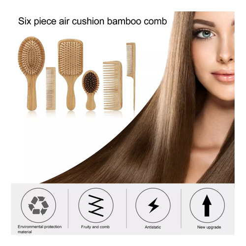 Kit De Escova E Pente De Bambu Antifrizz, 6 Peças