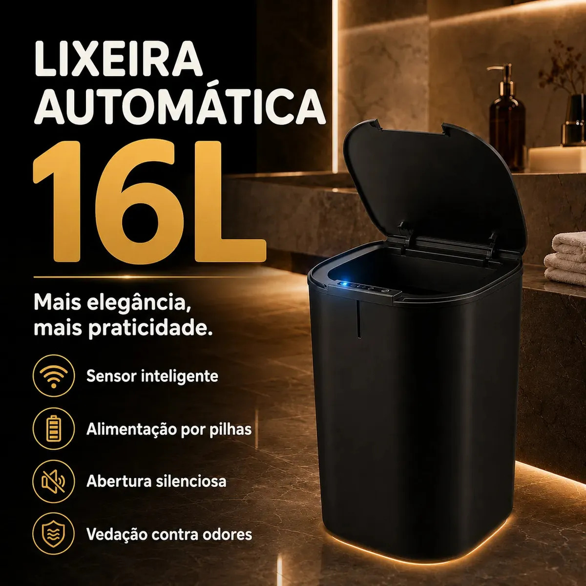 Lixeira Inteligente 16L Preta a Pilha com Sensor Infravermelho e Tampa Touch Automática para Cozinha