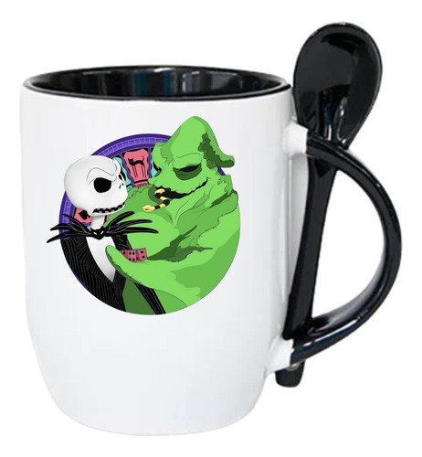 Taza Con Cuchara Jack Skellington Oogie+llavero De Regalo Negro Jack Skellington Y Oogie Boogie