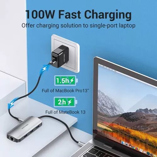 Hub Usb Multipuerto Vention - 6 En 1 - Usb C A Rj45 + Hdmi + 3 Puertos Usb 3.0 + Power Delivery 100w Usb C - Gigabit - 4k 30hz - Carcasa Aluminio - 15 Cm - Premium Para Pc / Mac / Laptop - Tohhb