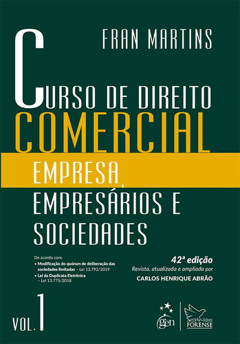 Curso de Direito Comercial - Empresa, Empresários e Sociedades - Vol. 1, de Martins, Fran. Editora Forense Ltda., capa mole em português, 2019