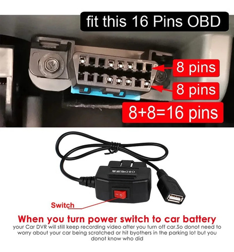 Obd Universal Con Interruptor Usb Hembra Conecta Cámaras Vdr