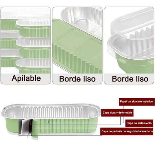Banna 50 Molde Aluminio Desechable Verde 200ml Con Tapa+cuchara, 6.8 Oz/200ml Moldes Para Tartas, Molde Rectangular De Papel De Aluminio Para Tartas, Para Picnics, Barbacoas, Camping, Bodas, Fiestas