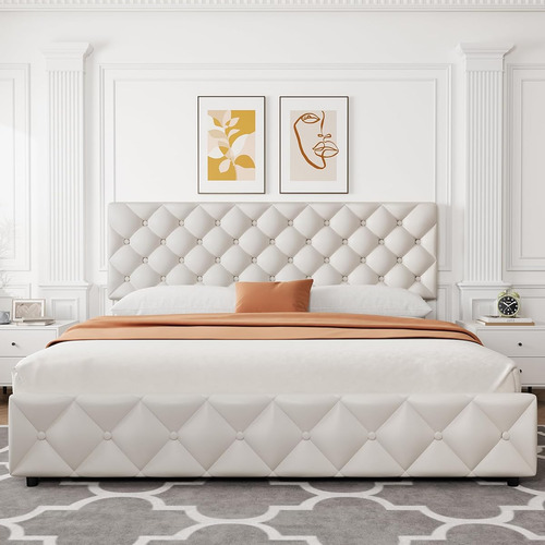 Base De Cama Idealhouse King Size Tapizada En Lino White