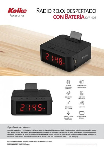 Imagen 2 de 4 de Radio Reloj Despertador Con Batería Kolke Modelo Kvr-403