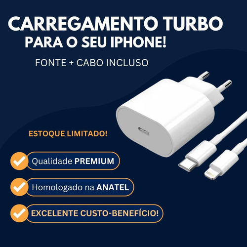 Carregador Turbo 30w Usb-c Lightning iPhone 8 X 11 12 13 14