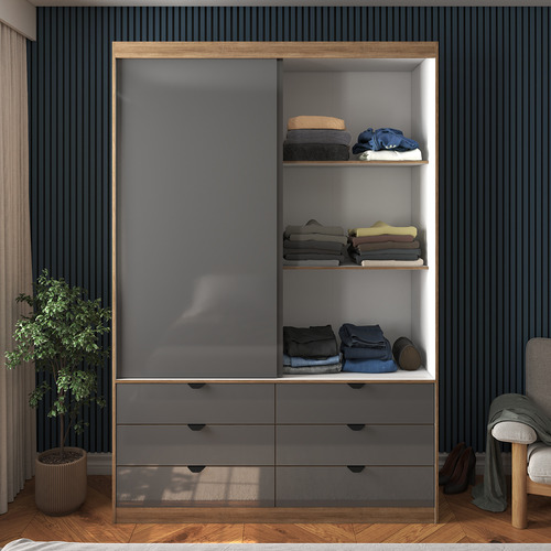 Guarda-roupa Roupeiro Cinza Grafite 2 Portas De Correr, 6 Gavetas, Espelho E Puxador Metálico - Estrutura Robusta Em Mdf, Ideal Para Quarto De Casal Ou Solteiro Design Industrial
