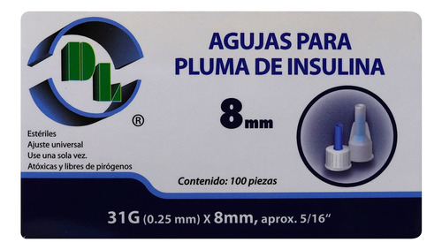 Aguja Para Pluma De Insulina 100 Piexas Azul 31g(0.25mm)x8mm Capacidad En Volumen 0 Cc