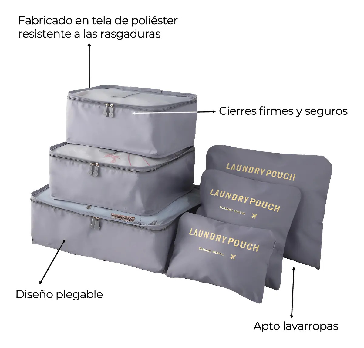 Set Organizador Maleta Viaje Travel Laundry Pouch 6 Piezas Gris
