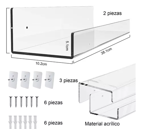 Estantes de acrílico para baño, paquete de 2 estantes flotantes  transparentes para ducha con ganchos, para montar en la pared, sin  taladrar, estantes