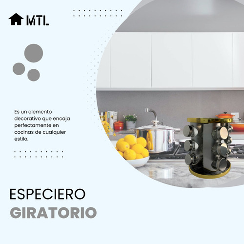 Especiero Giratorio Mtl 12 Frascos Negro Y Dorado Jaspeado