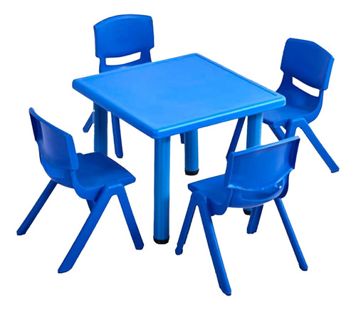 Mesa Plastico Infantil 60x60x50 + 4 Sillas Azul