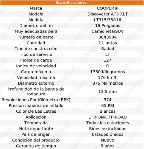 Par Llantas Discoverer At3 Xlt Cooper Lt315/75r16 127r