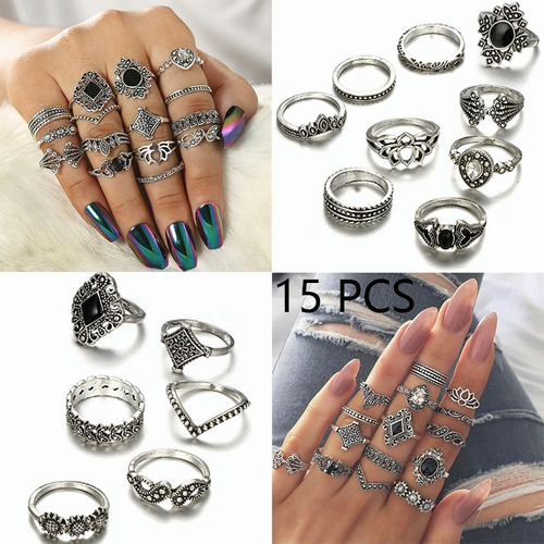 Set De 15 Piezas Anillos Piedra Negra Elegante Decoration