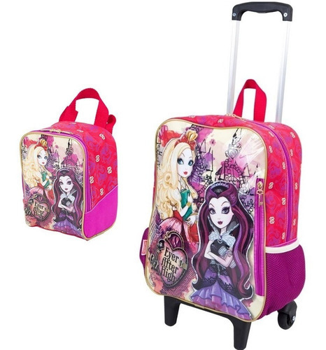 Mochila Sestini Ever After High Escolar Rodinha G+ Lancheira Cor Rosa-chiclete Desenho do tecido Ever Sestini