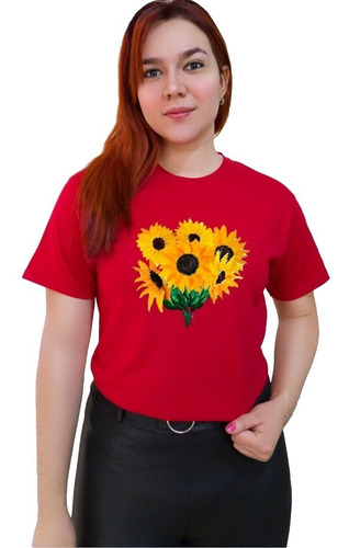 Polera Dama Estampada 100%algodon Diseño Ramo Girasoles