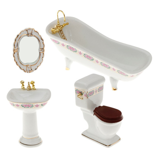 KESOTO Juego de Baño en Miniatura para Casa de Muñecas Conjunto Color Blanco Bañera Closestool Cerámica 4pcs #2 