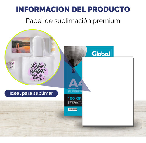 Papel A4 Para Sublimar Y Estampar - 95% Transferencia - 210 X 297 Mm - 100 Gramos - Resma De 100 Hojas - Marca Global Electronics