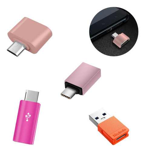 4 Piezas Adaptador Otg Convertidor Tipo C A Usb V8 A Tipo C Color Rosa - Magenta - Naranja