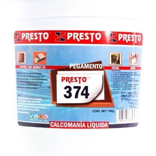 Pegamento Para Calcomania Líquida Cartón Presto Cubeta 18 Kg