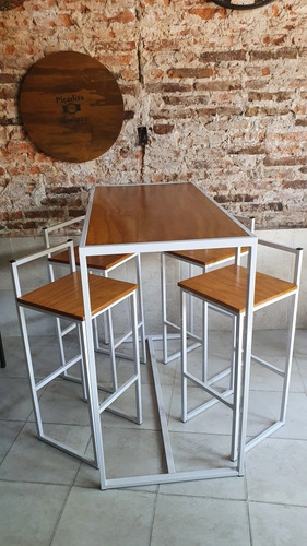 Mesa Desayuno Barra 120x60 + 4 Taburetes Industrial Madera
