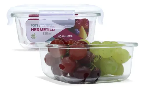 Kit 2 Potes Vidro Hermético Trava Quadrado 520ml Marmita